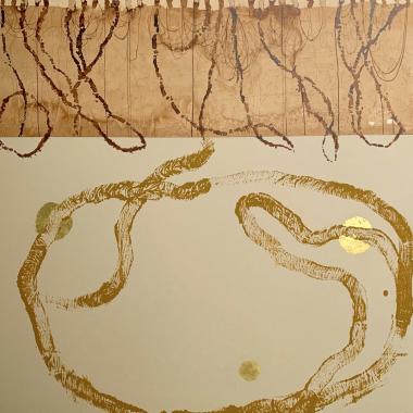 Roots and Ties, sekatekniikka kartongille, mixed media on paper, 100 x 70 cm