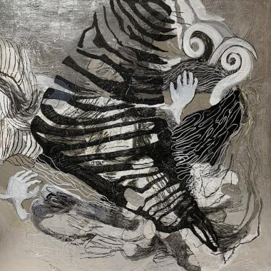 And Your Days Go By, akryyli ja metallihopea levylle, acrylics and silver metal on board, 100 x 100 cm