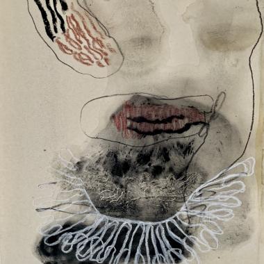 Thirsty lips, hiili ja pastelli kartongille, charcoal and pastel on paper, 30 x 23 cm